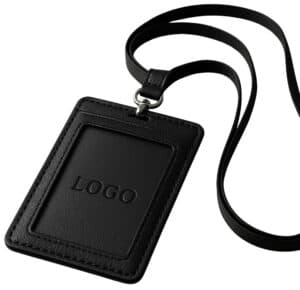 A premium black leather ID card holder with a debossed logo, shown attached to a black neck lanyard.