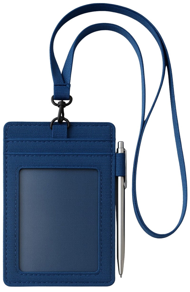 A blue fabric ID card holder with a clear window, multiple card slots, a pen loop with a metal pen, and an attached neck lanyard.