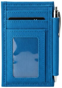 A blue corporate ID wallet made from fabric, featuring a clear window, card slots, and a side loop holding a silver pen.