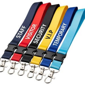 Collection of six pre-printed lanyards from QW Direct. Includes STAFF, VISITOR, SECURITY, V.I.P., TEMPORARY, and a plain lanyard, all with safety breakaway clips.