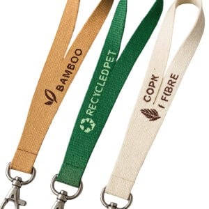 Three examples of eco-friendly lanyards made from bamboo, recycled PET, and corn fibre, each with a metal clip.