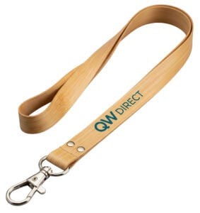 A high-quality, natural bamboo lanyard with the QW Direct logo expertly printed in dark teal.