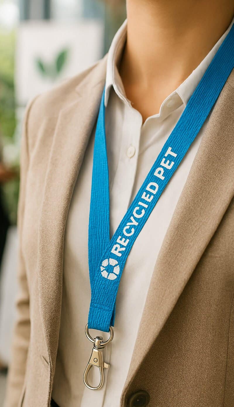 A close-up of a person in a suit wearing a blue lanyard made from recycled PET material at a corporate event.