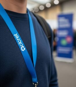 A person at a conference wearing a blue lanyard with a 'Recycled' logo, demonstrating a professional and eco-friendly option.