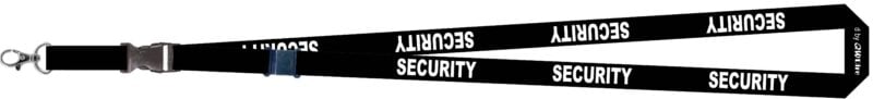 Black 'SECURITY' lanyard with white text for clear identification. Features a standard safety breakaway clip and metal hook (lanyard only).
