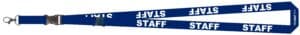 Navy blue 'STAFF' lanyard with bold white text, a safety breakaway clip for safety, and a metal lobster hook. Professional identification for staff members.