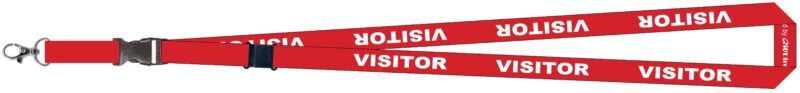 Red 'VISITOR' lanyard with clearly printed white text, a safety breakaway clip, and a durable metal hook for attaching credentials.
