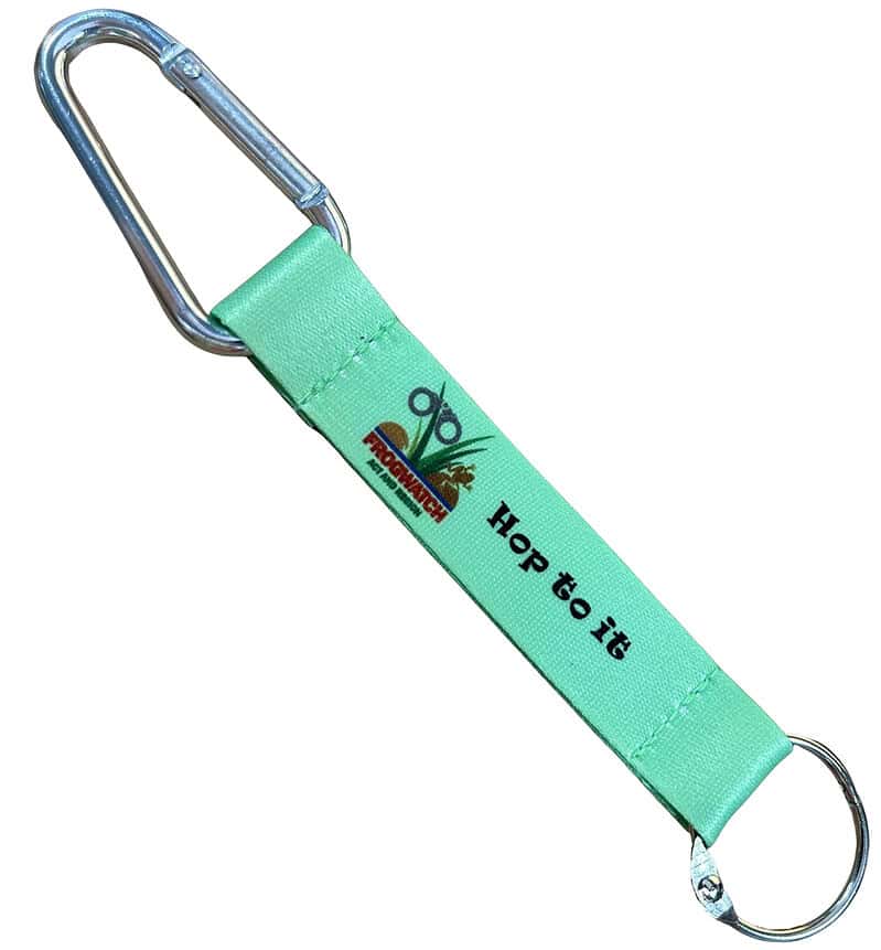 Frogwatch "Hop to it" green keyring lanyard with carabiner clip and split ring from QW Direct.