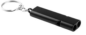 Black dual-tube metal whistle with a silver keychain, custom branded by QW Direct.