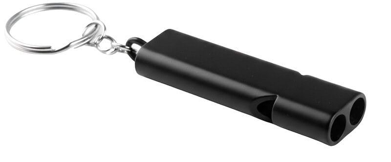 Black dual-tube metal whistle with a silver keychain, custom branded by QW Direct.
