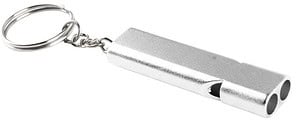Silver dual-tube metal whistle with a silver keychain, custom branded by QW Direct.