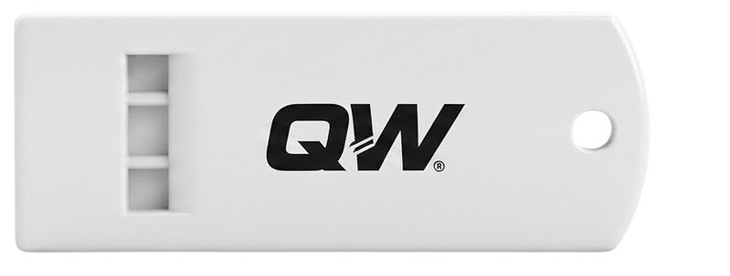 White flat plastic whistle with QW Direct logo, custom branded for promotions or safety.