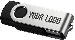 A classic silver metal swivel USB flash drive featuring a laser-engraved logo, showcasing the premium finish for corporate branding.