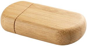 A sustainable bamboo wood USB drive with a swivel mechanism, highlighting the natural wood grain texture for eco-conscious marketing.