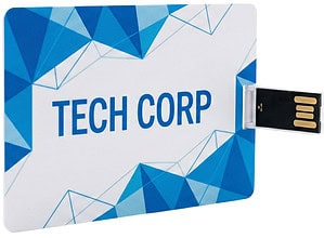 A slim white credit card style USB flash drive featuring a vibrant full-colour corporate graphic print, ideal for wallet-sized promotions.