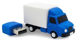 A custom 3D PVC USB drive moulded into the shape of a blue delivery truck, demonstrating the ability to create unique product shapes.