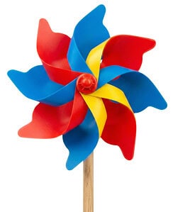 A vibrant multi-coloured custom plastic windmill spinning on a wooden stick, showing dynamic movement perfect for outdoor promotions.