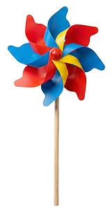 A single custom printed pinwheel windmill with red, blue, and yellow blades attached to a sturdy natural wooden rod.