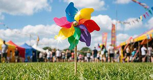 A custom plastic windmill planted in green grass at a sunny outdoor festival, showing the visual impact for events and car yards.