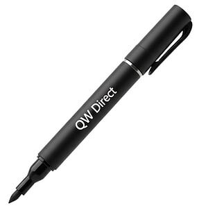 A professional personalised black permanent marker featuring a custom white QW Direct logo on the barrel, shown in a high-res diagonal view.