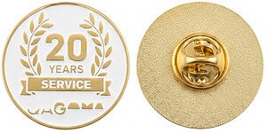 A premium gold-plated custom service award badge featuring a white enamel face, a laurel wreath, and "20 Years Service