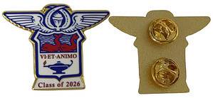 A custom-shaped gold school badge for the Class of 2026 featuring a winged crest, "VI ET ANIMO" motto, and an oil lamp symbol.