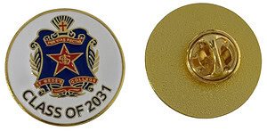 A professional round custom enamel badge for St Bede’s College Class of 2031, featuring a blue crest and red star on a white background.