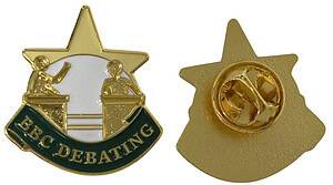 A premium gold-plated star-shaped badge for BBC Debating, featuring two figures at podiums and dark green enamel detailing.
