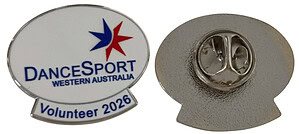 A custom oval silver metal badge for DanceSport Western Australia "Volunteer 2026", featuring a red and blue star logo.