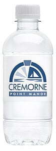 A professional 350ml custom labelled water bottle for Cremorne Point Manor featuring a clean blue and white corporate logo.