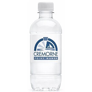 Custom labelled 600ml bottled water featuring blue Cremorne Point Manor branding.