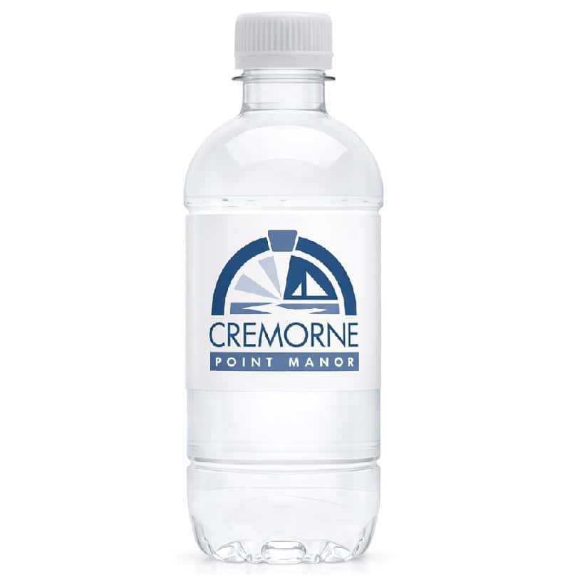Custom labelled 600ml bottled water featuring blue Cremorne Point Manor branding.