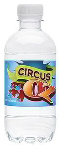 A vibrant 350ml branded water bottle for Circus Oz featuring a high-impact full-colour wrap-around label.