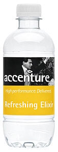 A premium corporate 350ml bottled water for Accenture featuring a yellow and black high-performance brand label.