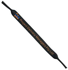 Custom black neoprene sunglasses strap featuring a vibrant orange printed corporate logo and brand name for Project Delivery Managers Pty Ltd.