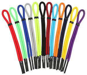 A fan-shaped collection of custom corded sunglasses straps in a variety of vibrant colours including red, blue, and lime green.