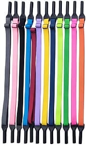 A professional display of adjustable fabric sunglasses straps featuring secure rubber ends and slide-adjusters in multiple neon and classic colours.
