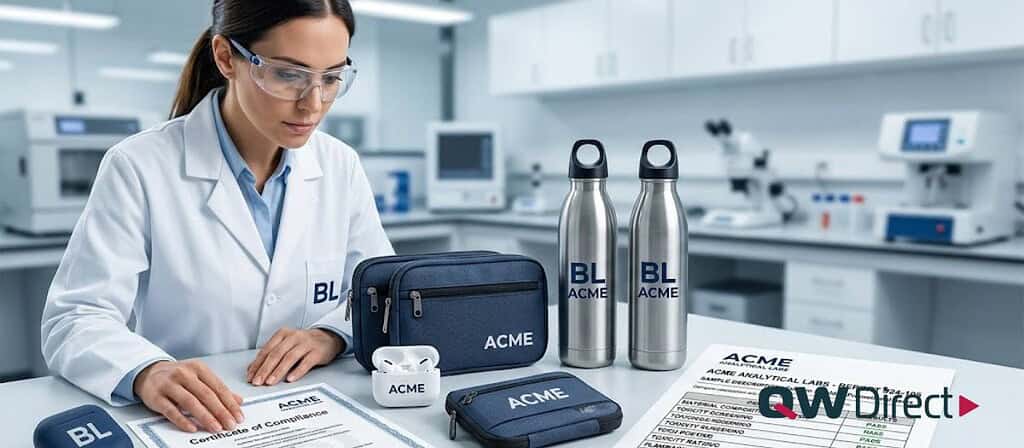 A female lab technician in protective glasses reviewing a compliance document next to branded custom tech pouches and water bottles on a laboratory desk.