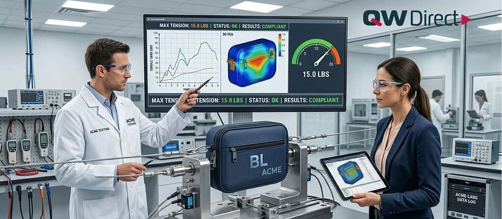 A realistic laboratory scene showing two technicians analyzing a 15 lbs tension test on a custom pouch, with data graphs displayed on a large monitor and tablet.