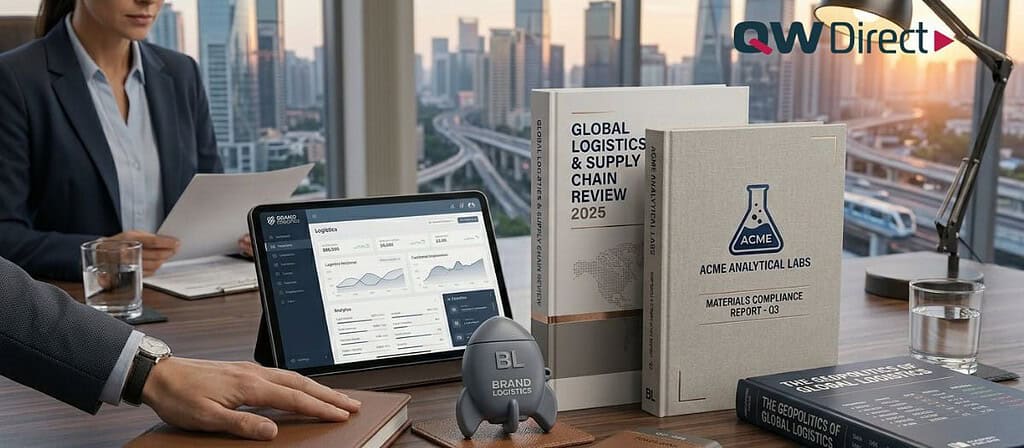 A corporate boardroom desk setting with business professionals, high-end literature, a digital tablet, and a custom rocket-shaped item with city skyline views in the background.