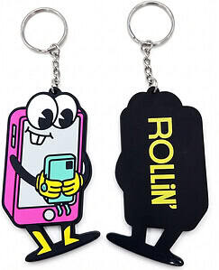 promotional double-sided rubber keyring shaped like a comical cartoon smartphone character with Rollin text on the back.
